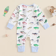 2024-05-31 Lioraitiin Baby Boys Autumn Casual Romper Long Sleeve Crew Neck Fish Print Oblique Zipper Jumpsuit